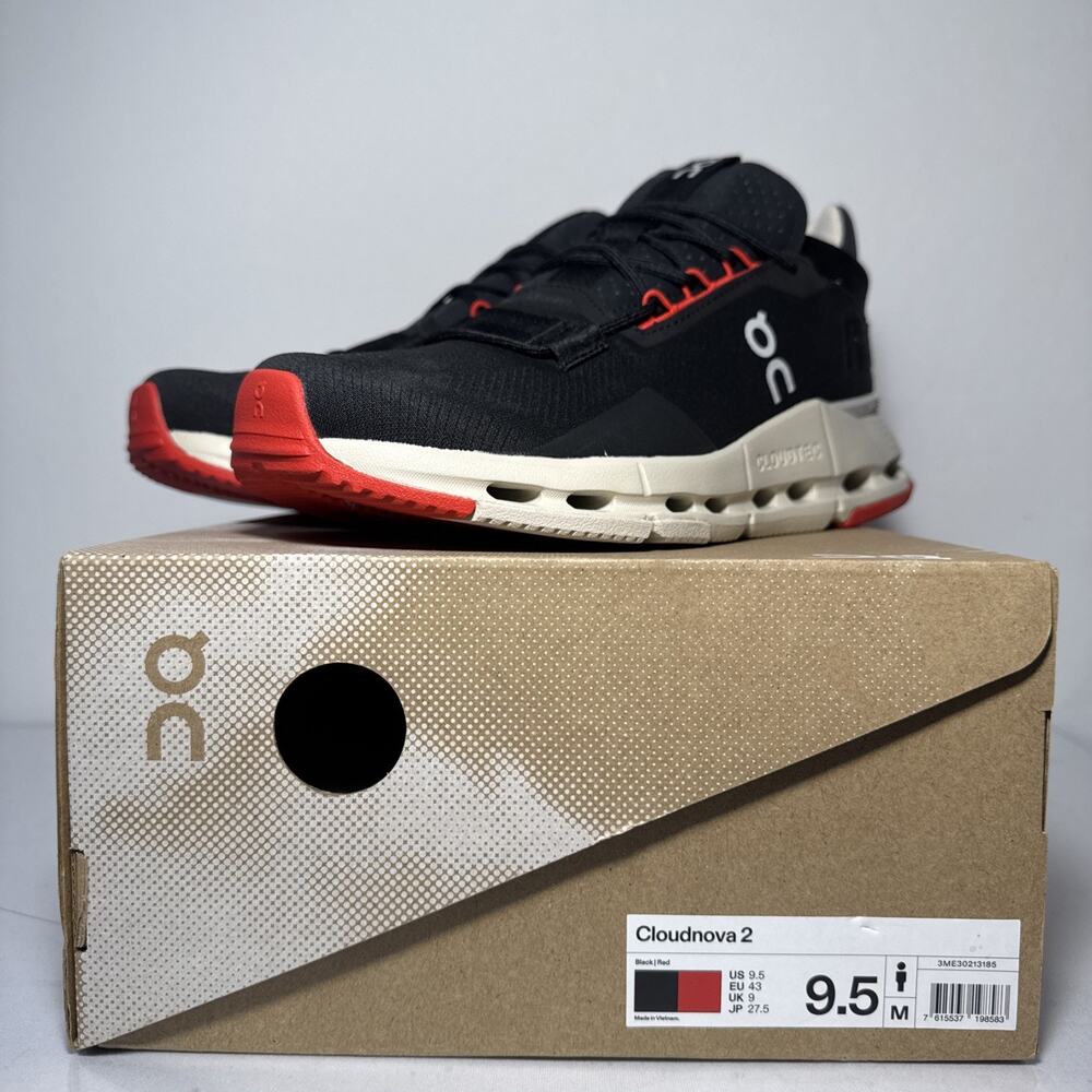 On Cloudnova 2 Men’s 9.5 Black Red Athletic Running Walking Casual Sneakers NIB